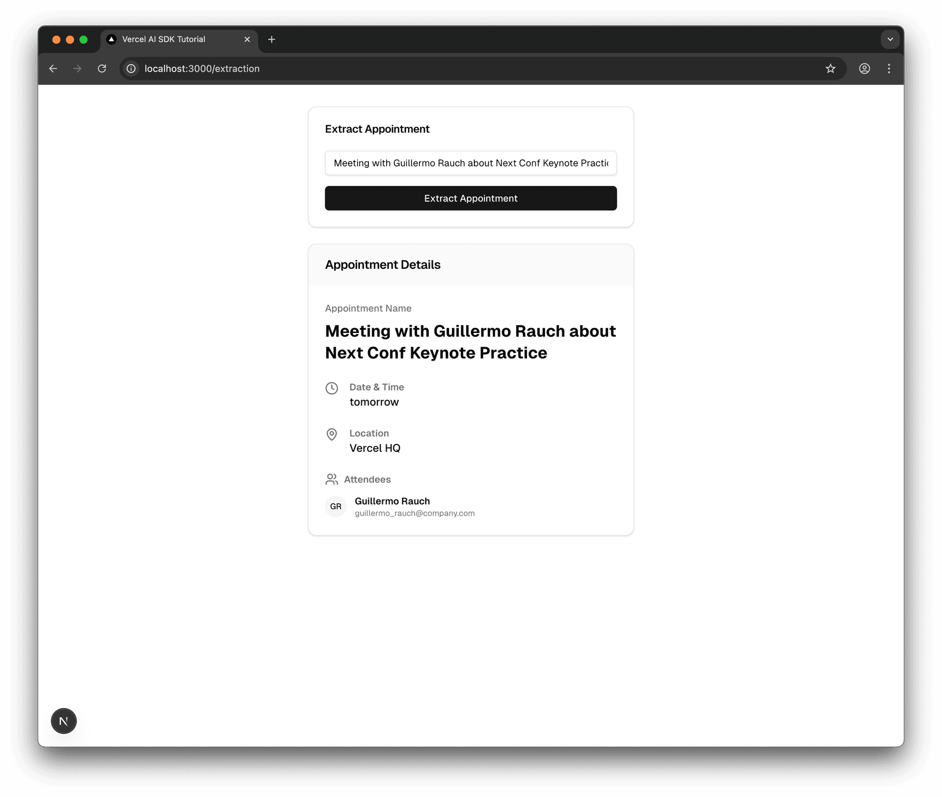 Screenshot of the '/extraction' page showing the initial extraction results