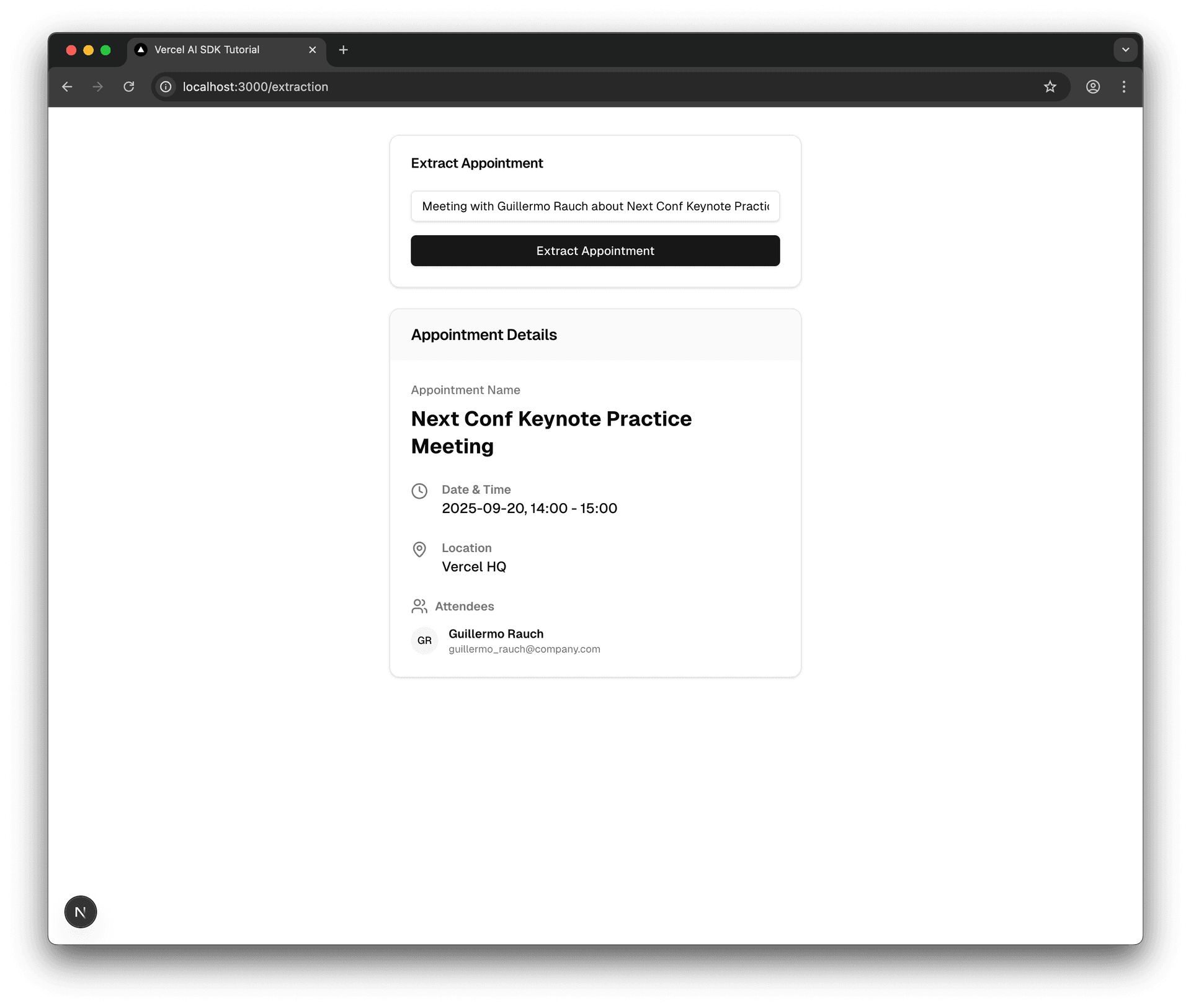 Screenshot of the '/extraction' page showing the refined extraction results
