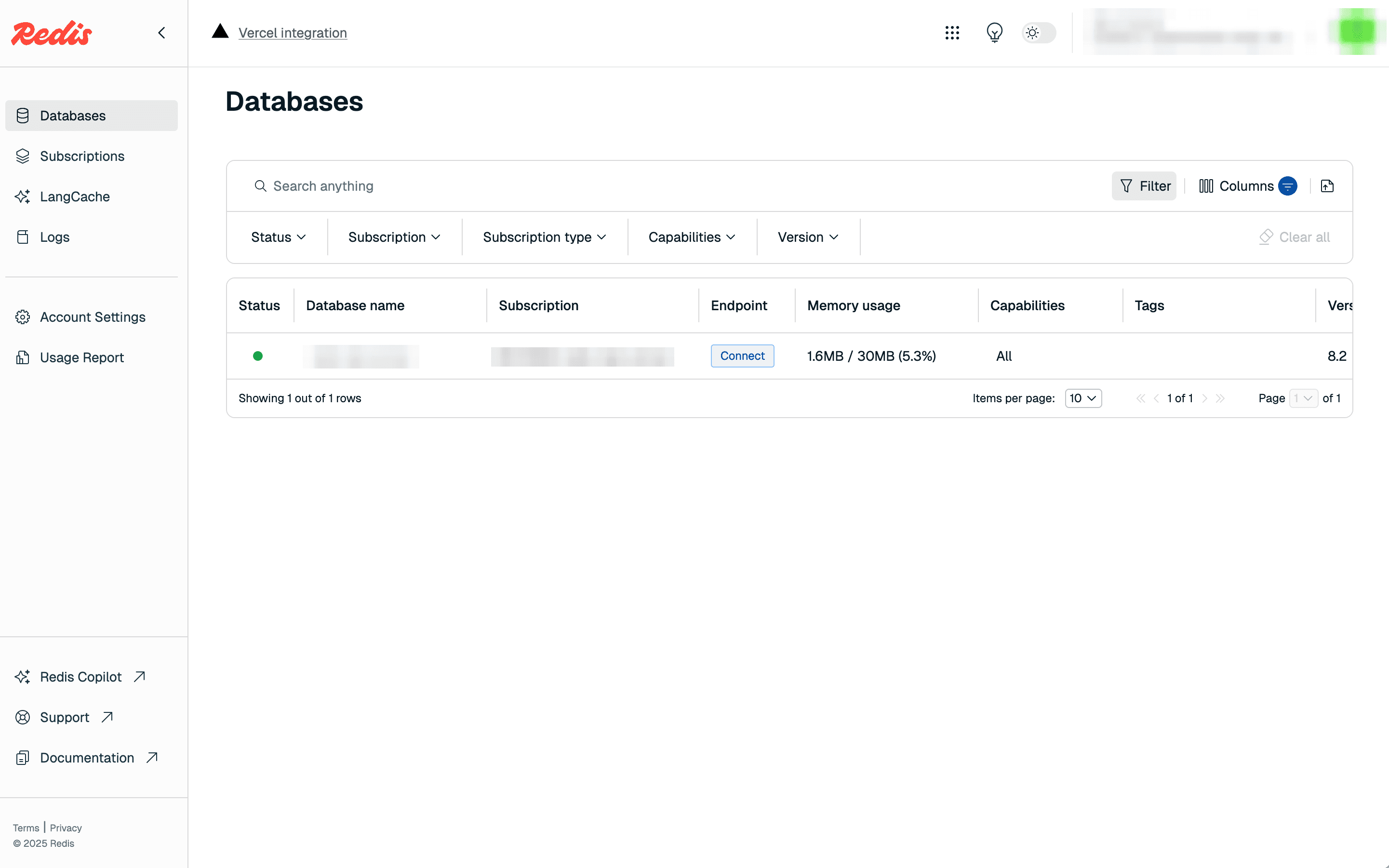 The database view from the Redis dashboard, showing a single database in the list.