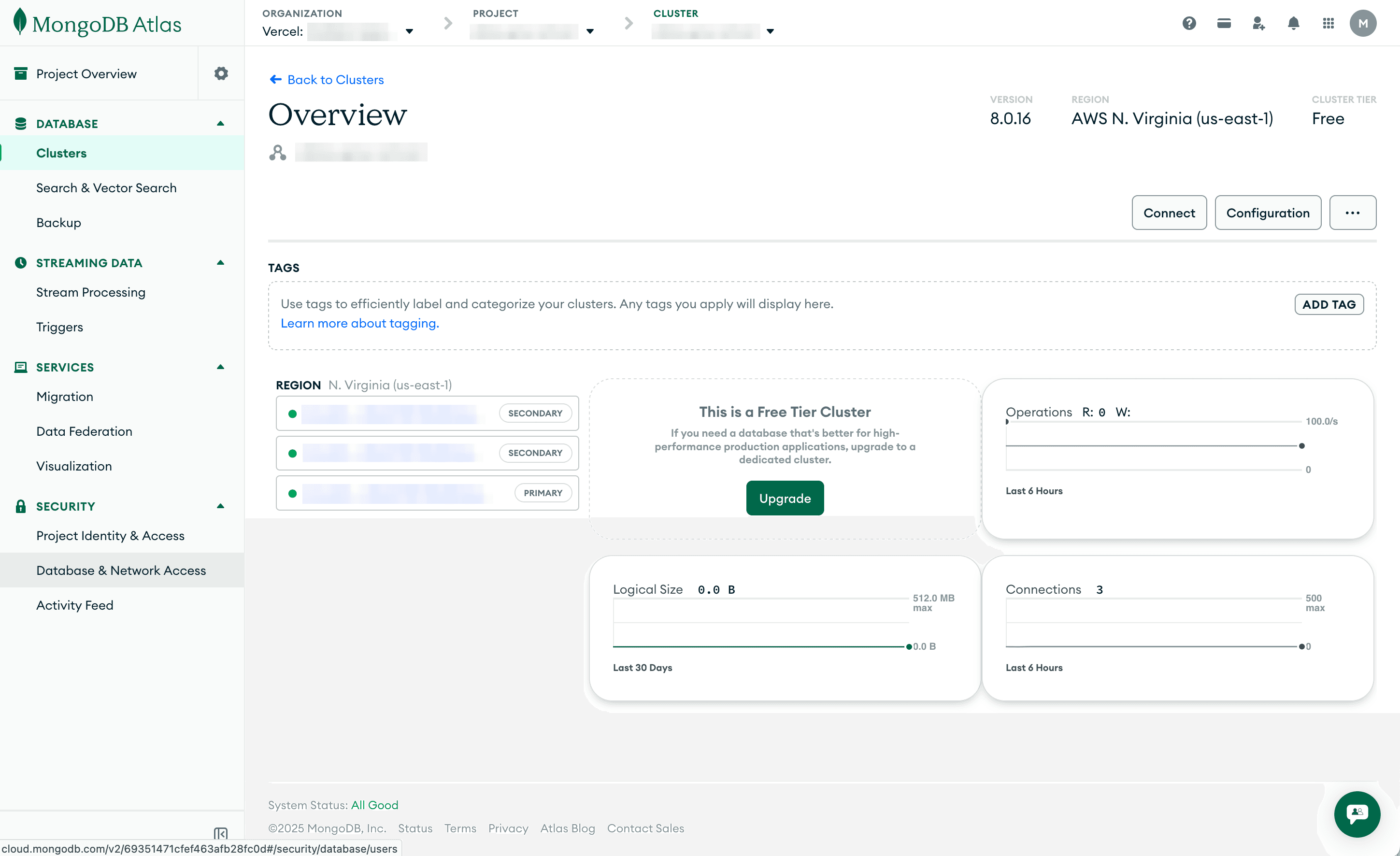 The MongoDB Atlas main dashboard. The left navigation is open and "Database & Network" under the Security section is highlighted.