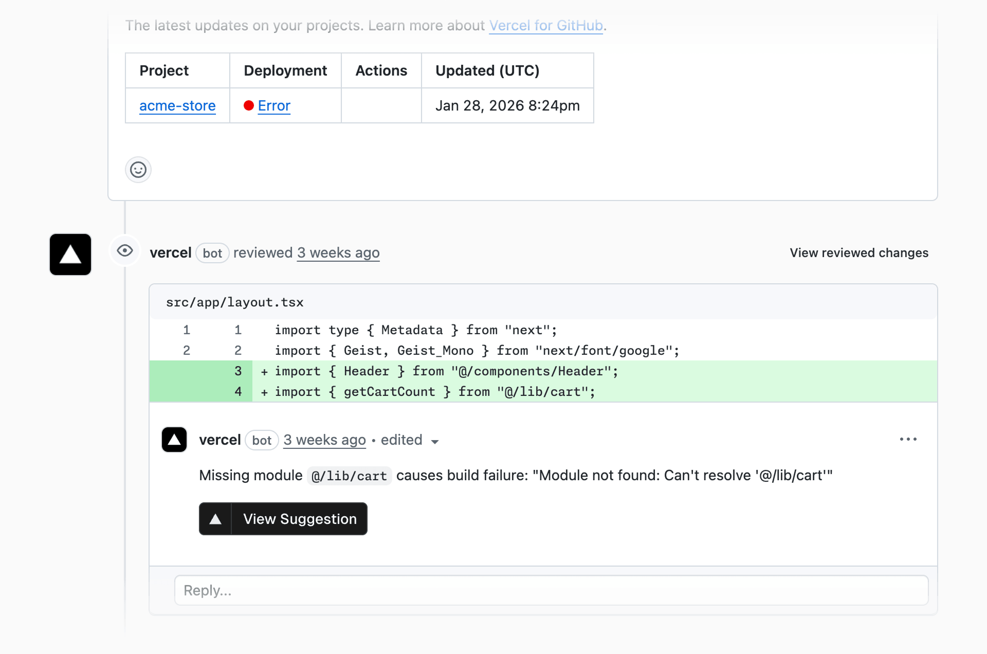 Vercel Agent - Automatic code suggestion on GitHub pull request