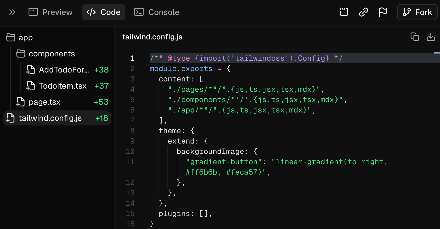 Example of defining custom style preferences in the tailwind.config.js file in v0.