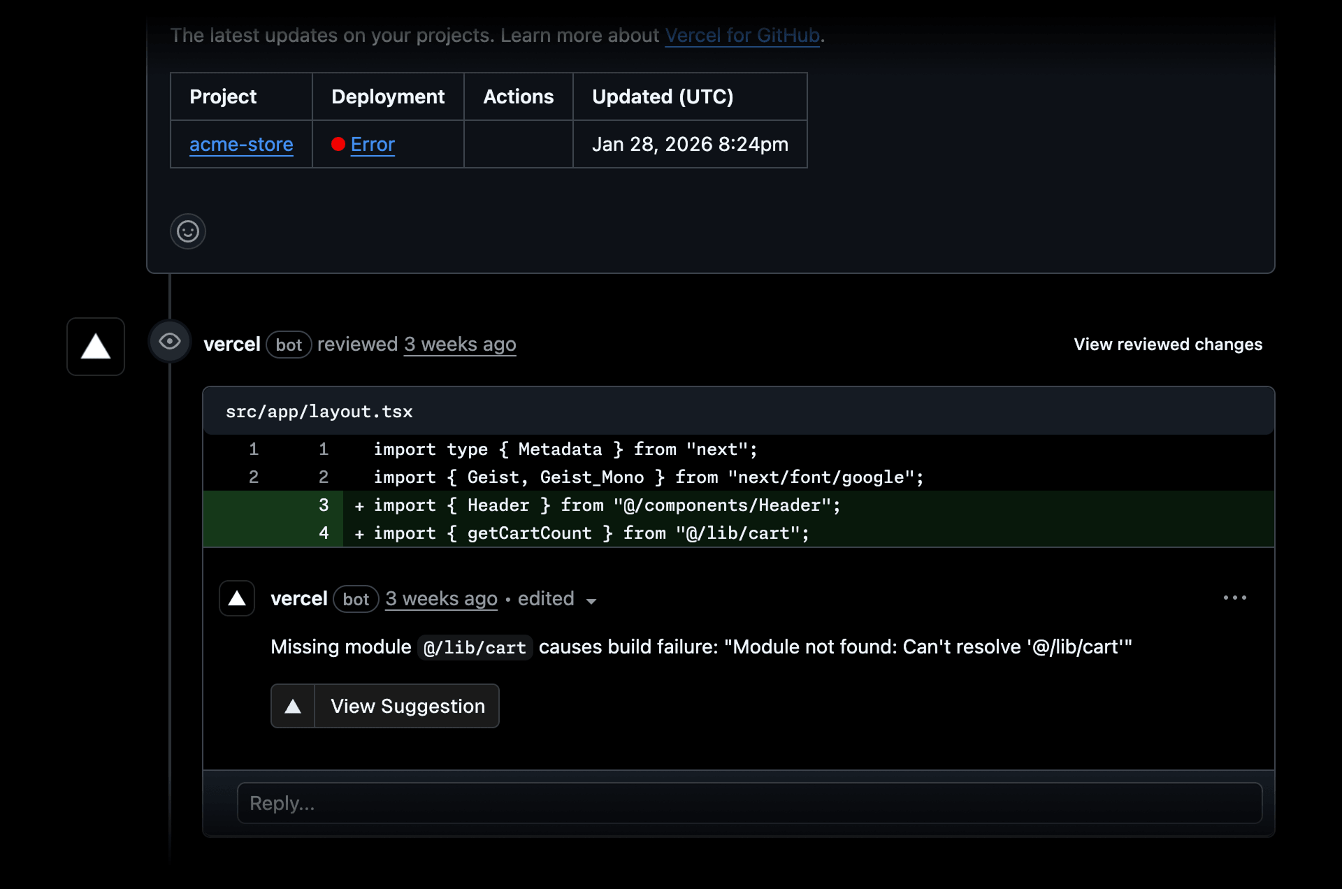 Vercel Agent - Automatic code suggestion on GitHub pull request