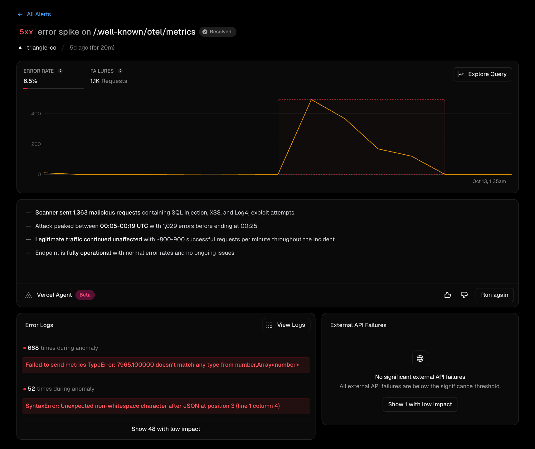 Vercel Agent investigates a spike in anomalous activity and describes the errors that caused it.